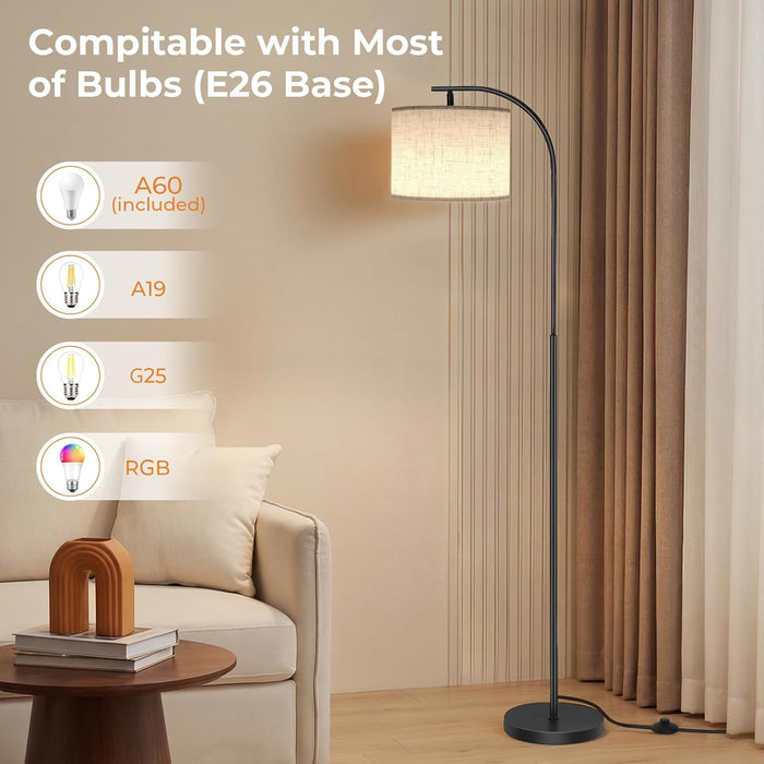 Floor Lamp with Linen Shade, Arc Dimmable Tall Standing Lamp with Remote Control, Modern Floor Reading Light for Living Room Bedroom Office Corner, 9W LED Bulb Included