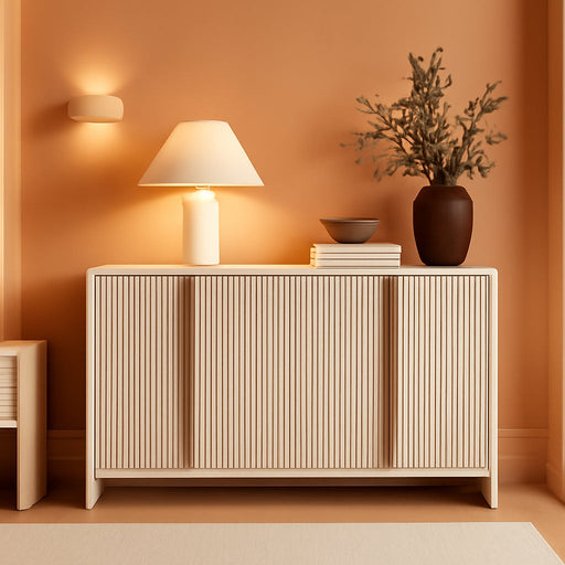 59" Fluted Sideboard Buffet Cabinet with Storage, White Alder | Modern Credenza Console with 4 Doors & Adjustable Shelves, Wood Coffee Bar for Kitchen, Living Room, Entryway