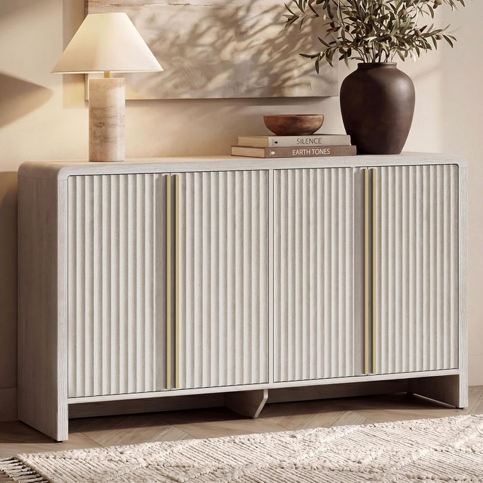 59" Fluted Sideboard Buffet Cabinet with Storage, White Alder | Modern Credenza Console with 4 Doors & Adjustable Shelves, Wood Coffee Bar for Kitchen, Living Room, Entryway