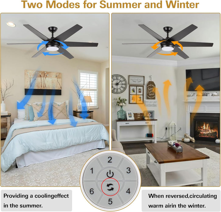 54 Inch Indoor Modern Quiet Reversible Motor Ceiling Fan with LED Lights and Remote Control, 6 Blades, 6 Speed, Dimmable, 3CCT, Black