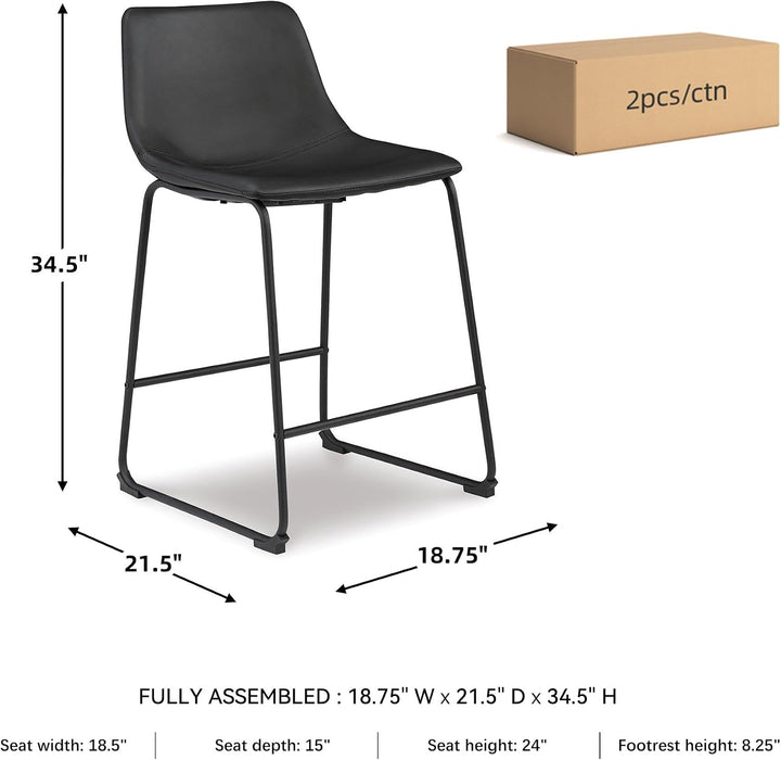 Signature Design by Ashley Counter Height Bar Stool, Set of 2, Black | French Black Faux Leather, Contoured Bucket Seat, Sturdy Metal Frame, 24 Inch Class, Centiar Series