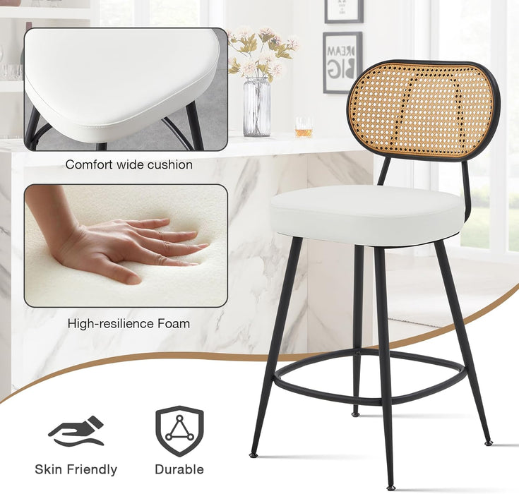 Bar Stools Set of 3, 26" Counter Height Barstools with Rattan Back and Metal Legs, Upholstered Faux Leather Bar Chairs for Kitchen Island, Home Bar, Beige
