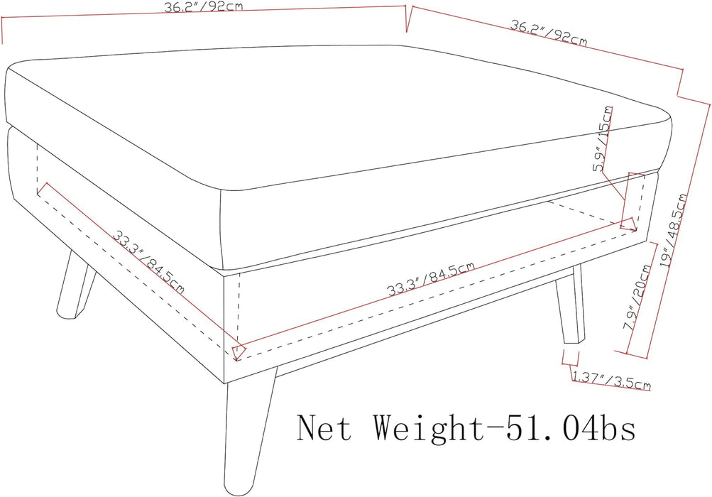 Owen 36 Inch Wide Mid Century Modern Square Coffee Table Storage Ottoman in Distressed Saddle Brown Vegan Faux Leather, Assembled, for the Living Room, Entryway and Family Room