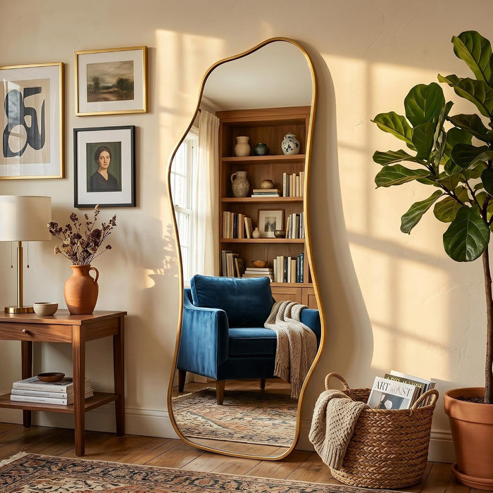 Irregular Full Length with Stand-Standing Leaning Hanging 62.2"X22.8" Gold Asymmetrical Aluminum Frame Decorative Full Body Mirror for Living Room,Bedroom,Cloakroom,Entryway