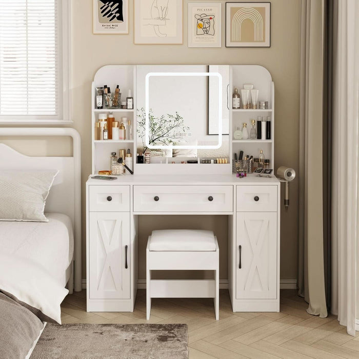 Makeup Vanity Desk, Vanity Mirror with Lights Desk and Chair,Makeup Table with 3 Large Drawers and 2 Cabinets, Time and Temperature Display, 3 LED Lighting Modes Adjustable, White