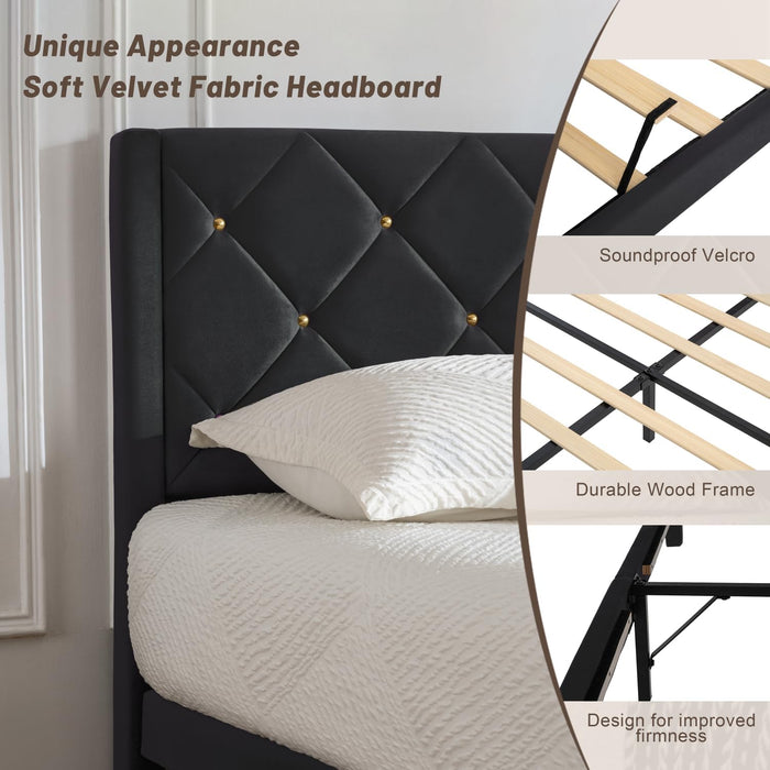 Full Size Platform Bed Frame with Velvet Headboard