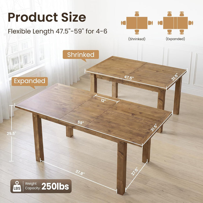 47.5"-59" Farmhouse Extendable Dining Table for 4-6, Walnut