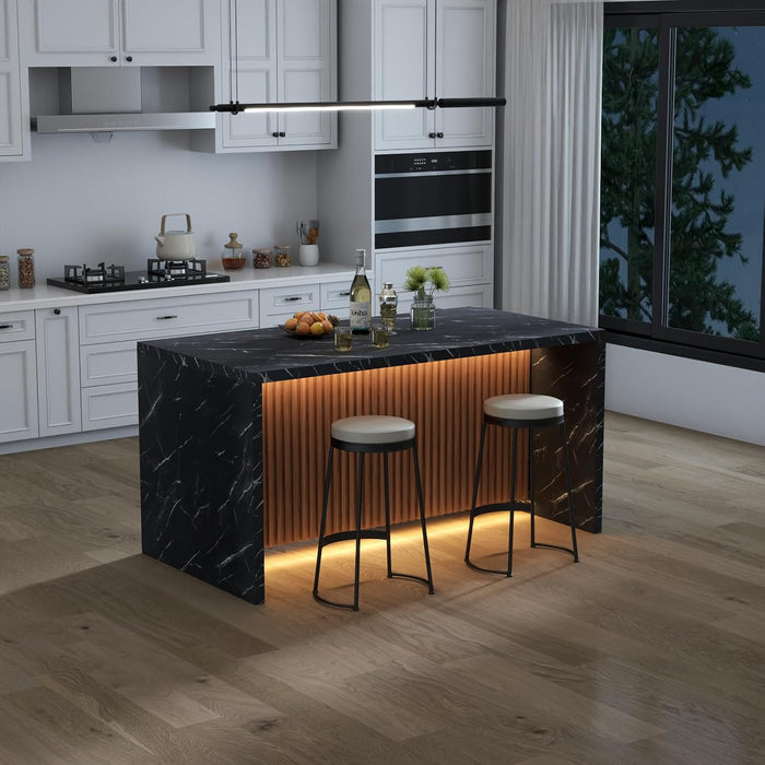 63" Large Imitation Marble Dining Table for 4-6 People(Patent Pending) | Island Table with LED Light,Mordern Marble Stripes Kitchen Dining Table with Grille Design for Dining Room,Living Room(Black)
