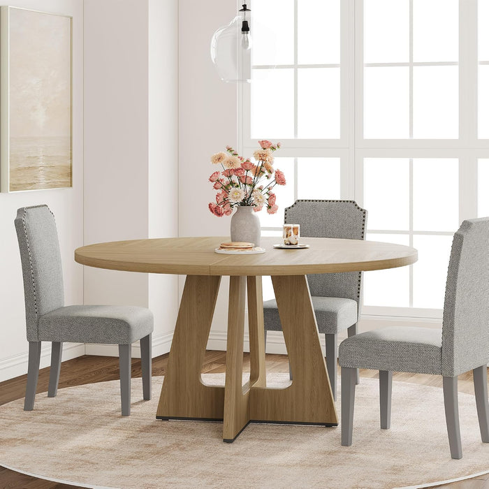47 Inch round Dining Table for 4-6 People, Circle Dinner Table with Wooden Cross Pedestal Base, Farmhouse Kitchen Furniture for Dining Room, Living Room, Kitchen (Table Only) -Burlywood