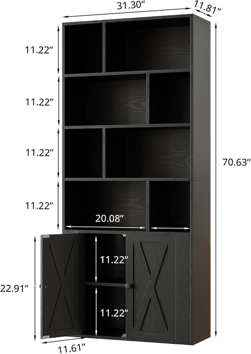 4-Tier Bookcase with Doors, Tall Storage Bookshelf, Black