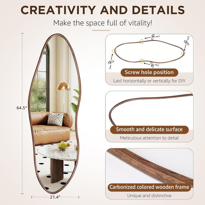Irregular Full Length Mirror 64"X21", Cloud-Shaped Full Body Mirror Walnut