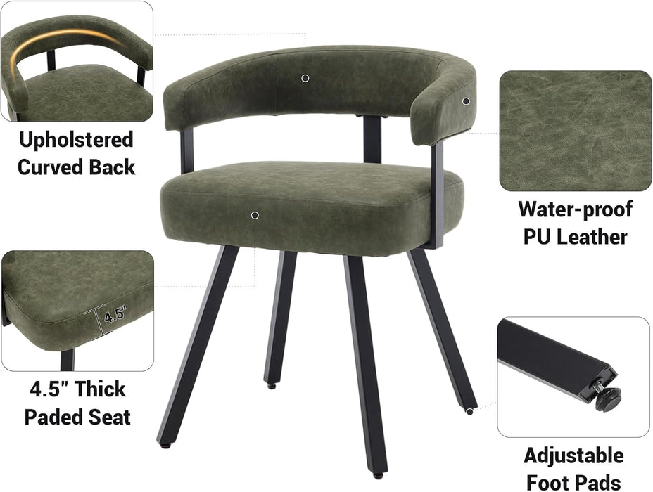 Modern Green Leather Dining Chairs Set of 2 Upholstered Barrel Dining Room Chairs Comfy Kitchen Chairs Armless Side Chair with Curved Open Back for Living Room/Restaurant,Pu