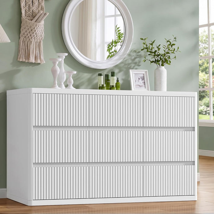 White 9 Drawers Dresser for Bedroom, 57" Wide Modern Fluted Chest of Drawers with Curved Profile, Handleless, Vertical Dressers for Bedroom, Living Room, Hallway