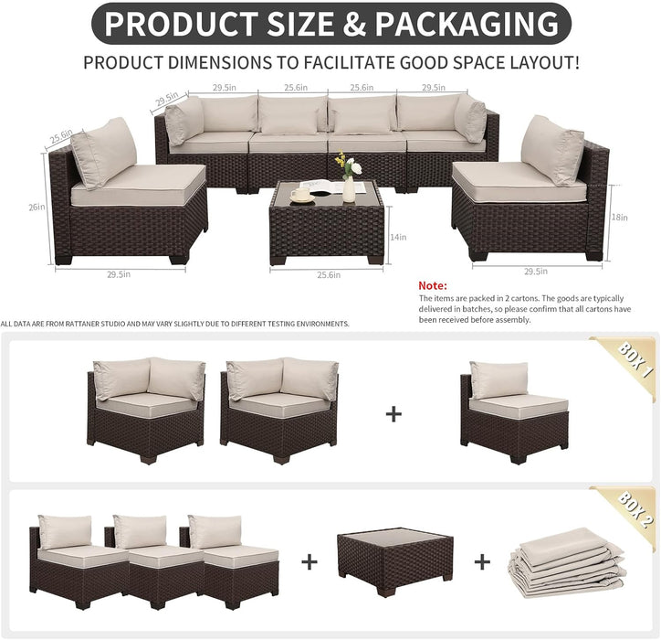 7 Pieces Wicker Patio Furniture Conversation Set Outdoor Sectional Sofa Glass Coffee Table with Non-Slip Cushions and Furniture Cover, Beige