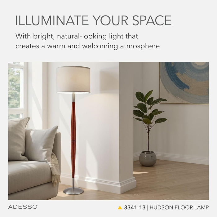 Hudson Floor Lamp - Adjustable Brightness, Perfect Lighting for Bedroom, Living Room and Corner Decor, Maple Eucalyptus Wood & Satin Steel Accents, Soft/White Lampshade
