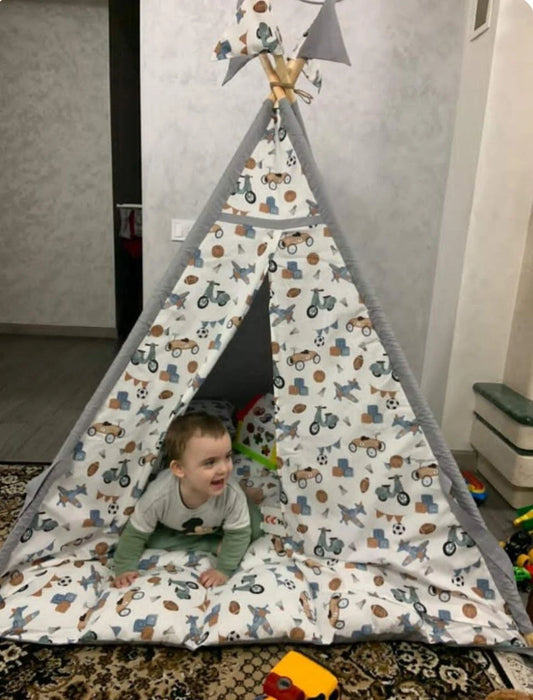 Gray Teepee with Toys Boys Playhouse