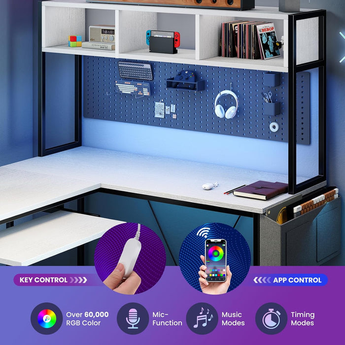 67" L Shaped Gaming Desk, Corner Desk for Compact Spaces with Keyboard Tray & Storage Shelf,Reversible Computer Desk with LED Lighting,Metal Frame PC Gaming Table for Home Office Bedroom,White
