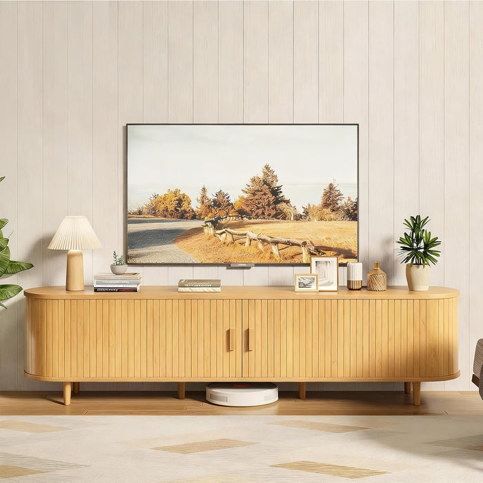 70" Mid Century Modern TV Stand, Wood TV Consoles with Sliding Doors and Power Outlet, Entertainment Center with Adjustable Shelves, Fluted TV Stands for Living Room, Oak