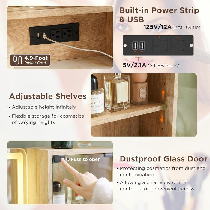 48" Fluted Vanity Desk with 36" Large HD Mirror and Lights, Modern Wood Glass Tabletop Makeup Table with Adjustable Storage Shelves, 5 Drawers, Charging Station for Bedroom, Natural Oak