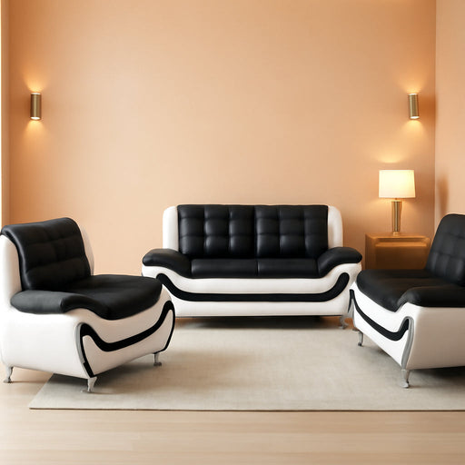 3 Piece Aldo Modern Sofa Set, Black/White