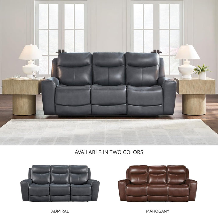 Mighty Moves Contemporary Power Leather Match Reclining Sofa with Position Lock, Adjustable Headrest and USB Charging Ports, Blue