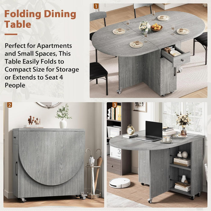 Folding Dining Table for 4 -Foldable Kitchen Dinner Drop Leaf Gateleg Convertible Tables with Storage Drawer and Shelf for Small Spaces Space Saving Kithen Dining Room Furniture (Grey, 51*31.5*30)