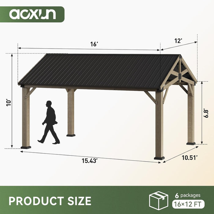 12' X 16' Outdoor Wood Gazebo, Permanent Cedar Wooden Pavilion with Galvanized Steel Hardtop Gable Roof, Heavy Duty Patio Gazebo for Garden, Backyard, Deck, Lawn and Outdoor Living Space
