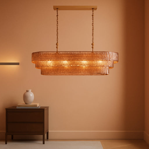 54" Smoked Gold Rectangular Drum Large Chandeliers for Dining Room, 5-Light Modern round Hanging Light Fixture for Kitchen Island, Living Room, Foyer
