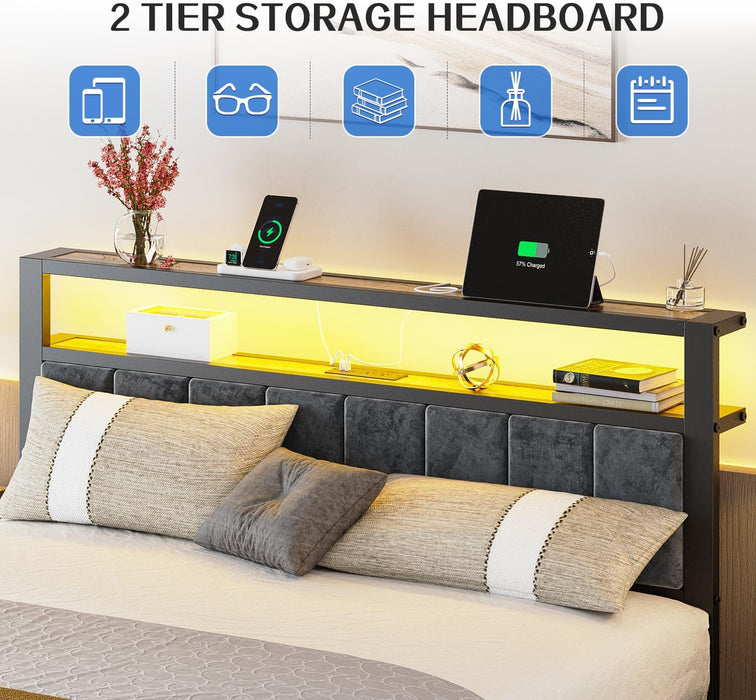 Queen Size Bed Frame with 2-Tier Storage Shelf Headboard, LED Lights