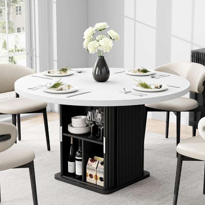 round Dining Table for 4, 47 Inch Modern Farmhouse Kitchen Table with Storage Shelf and Wood Slide Doors, Circle Dinner Table with Quartz Top and Wood Grain Base for Dining Room Kitchen (Black)