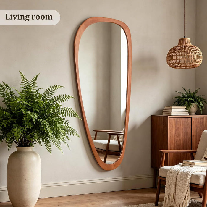 48" H X 22" W Asymmetrical Mirror, Irregular Wooden Wall Mirror Full Length, for Bedroom, Living Room,Entryway– Boho Mid-Century Modern Decorative Mirror, Solid Wood Frame(Walnut)