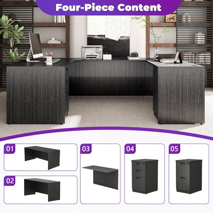 67'' U Shaped Bow Front Executive Desk with 2 Storage File Cabinets - ShipItFurniture