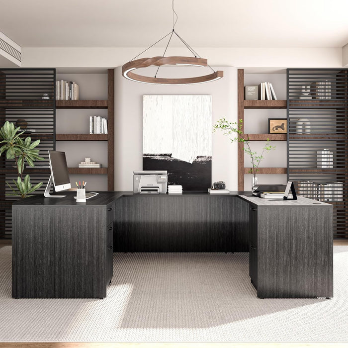 67'' U Shaped Bow Front Executive Desk with 2 Storage File Cabinets - ShipItFurniture