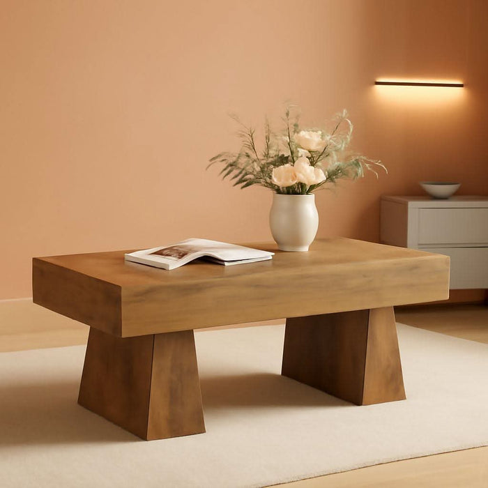 Farmhouse Coffee Table, 47 Inches Wooden Rectangular Accent Center Tables with Thick Base, Modern Low Cocktail Tea Furniture for Living Room (Rustic Brown)