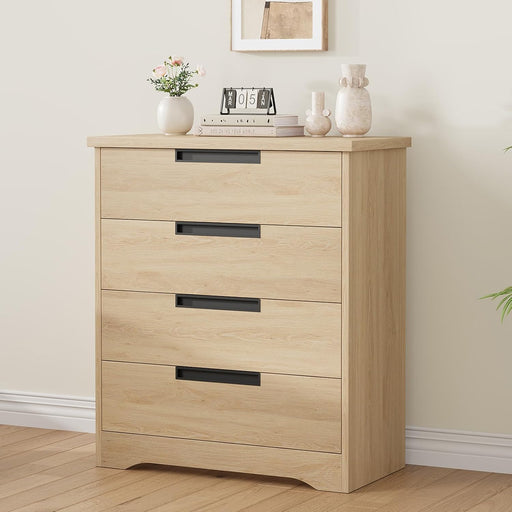 4 Drawer Dresser for Bedroom, Natural Chest of Drawers with Embedded Handles Design, Wooden Closet Organizer for Living Room, Nursery, Hallway