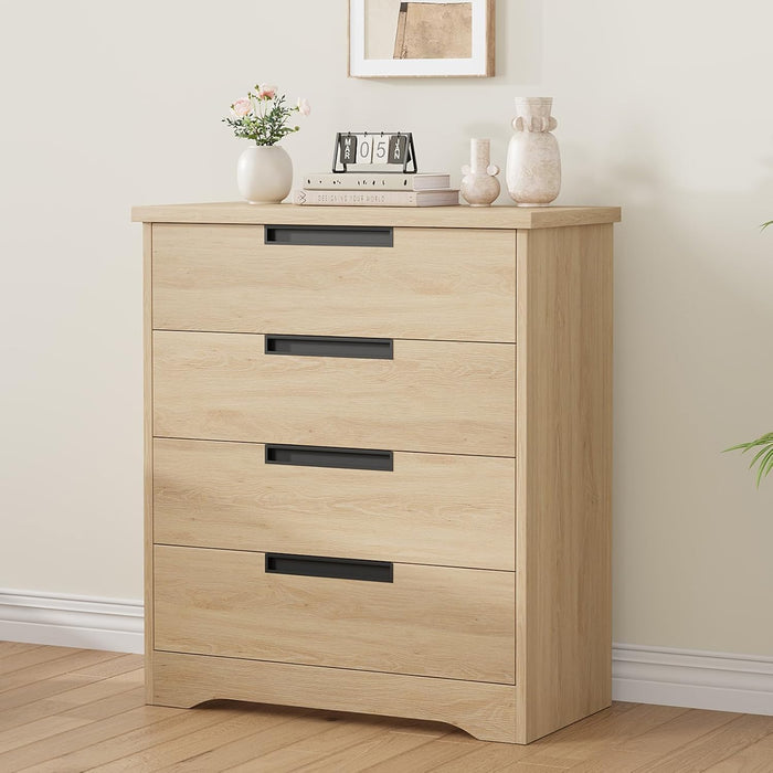 4 Drawer Dresser for Bedroom, Natural Chest of Drawers with Embedded Handles Design, Wooden Closet Organizer for Living Room, Nursery, Hallway