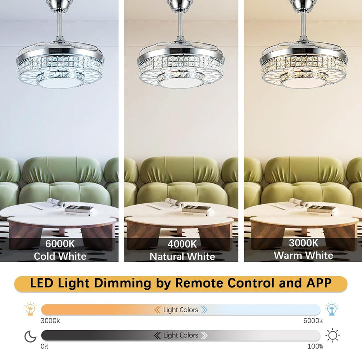 42" Retractable Ceiling Fans with Lights, Crystal Chandelier Ceiling Fan with Remote & APP Control, Modern Dimmable LED Fandelier for Living Room, Dinning Room, Bedroom (Silver)