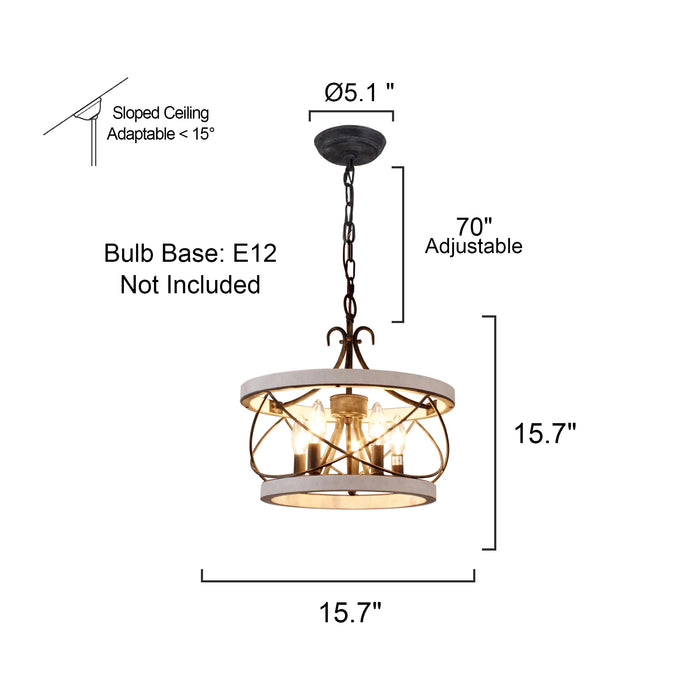 5-Light Wood Farmhouse Drum Chandelier Adjustable Height Pendant Lighting for Dining Room