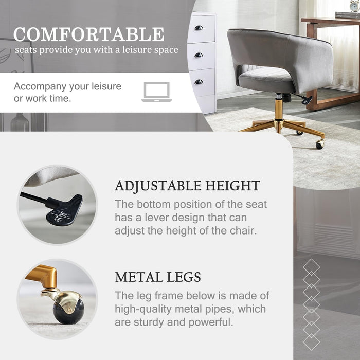 Home Office Chair Swivel Velvet Desk Chair, Vanity Chair with 360 Swivel Armchair and Gold Base,For Living Room, Bedroom, Vanity, Study (Grey)