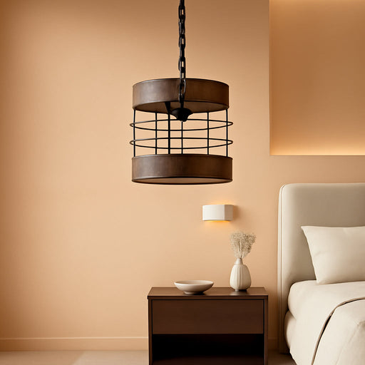 Retro Industrial Metal and Wood Chandelier 1-Light round Cage Pendant Light Fixture for Kitchen Island Foyer Hallway Bar Dining Room Restaurant, D 7.9" X H 8.7" (Brown)
