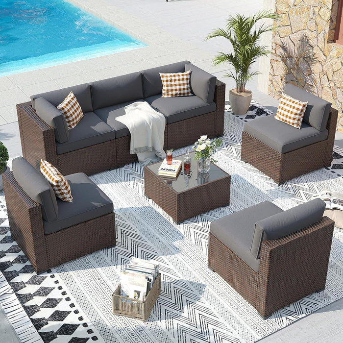 Patio Furniture Sets, 7-Piece Outdoor Patio Furniture with Thick Cushions, Wicker Outdoor Conversation Set Sectional Sofa for Backyard, Poolside, Garden