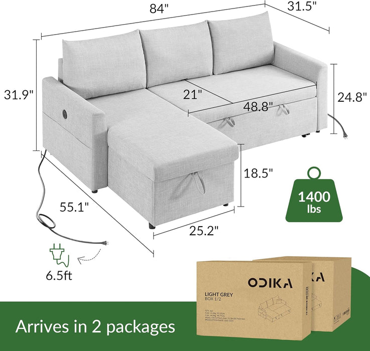 Convertible Sectional Sofa Grey, USB, Storage