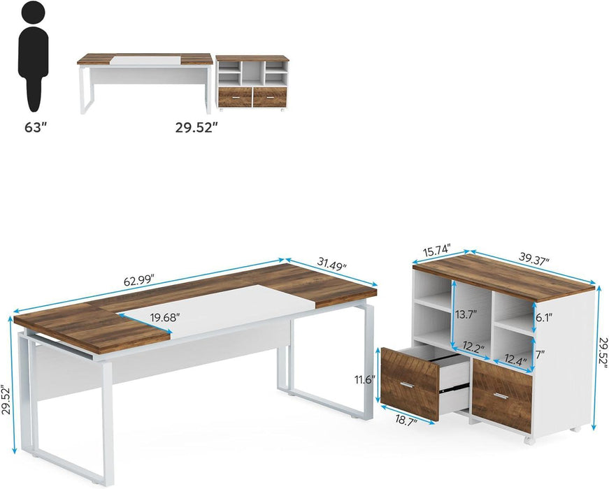 63Inch L Shaped Desk Reversible Cabinet NaturalOakWoodFinish