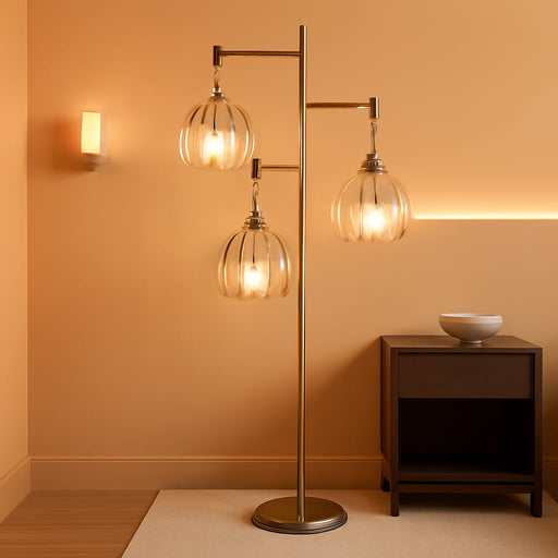 Gold Floor Lamp for Living Room,Bedroom,Tree 3 Light Standing Lamp Mid Century Modern Brass Tall Floor Lamps Vintage Retro Floor Lights Glass Flower Amber Lamp Shade Farmhouse Boho Bohemian