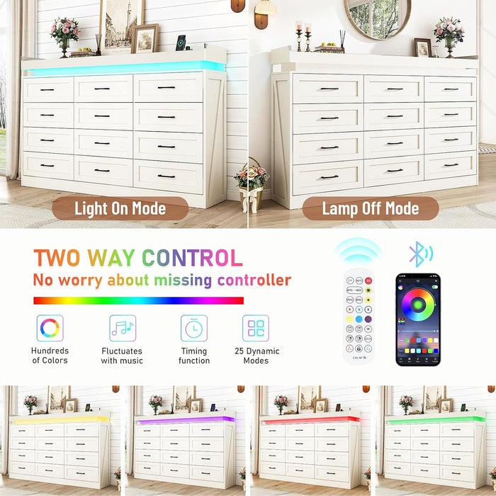 71" Wide 46" Tall Large Farmhouse 12 Drawers Dresser for Bedroom with LED Light and Power Outlets,Wood Rustic 12 Chests of Drawers for Closet,Tall Storage Dresser Organizer for Bedroom(White)