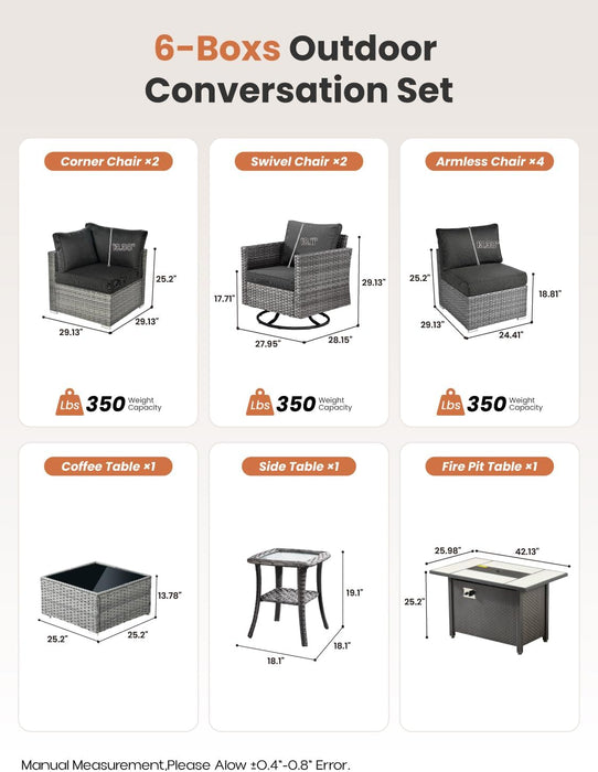 11 Piece Outdoor Patio Furniture Set with Fire Pit Table,Conversation Sectional Wicker Couch with Swivel Chairs,Modern outside Sofa for Balcony Backyard, Black