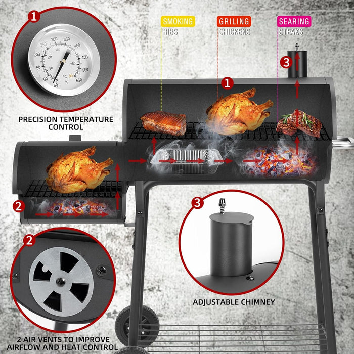 Barrel Charcoal Grill with Offset Smoker,550 Square Inches Cooking Area, Outdoor BBQ Grill with Front Shelf, Perfect for Backyard, Patio Parties and Picnics.