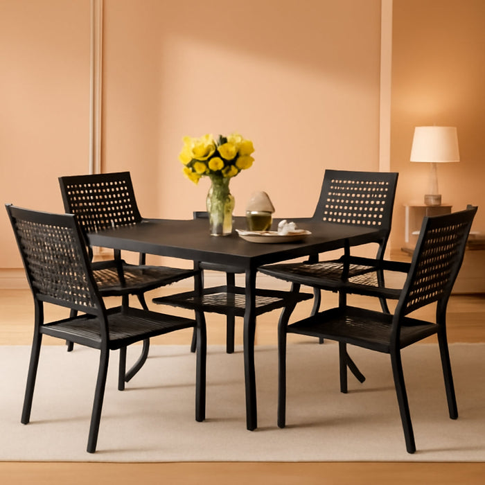 5 Pieces Outdoor Meal Dining Set for 4, Square Wrought Iron Table & Stackable Dining Chairs, Heavy-Duty Dining Furniture Set for Patio, Deck, Backyard, Porch