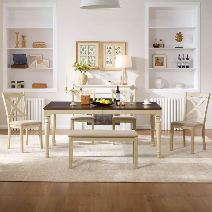 6-Piece Farmhouse Dining Table Set with 4 Upholstered Chairs and Bench, 71” Solid Wood Table, Seating for 6, for Dining Room or Kitchen, Rustic White & Walnut Finish