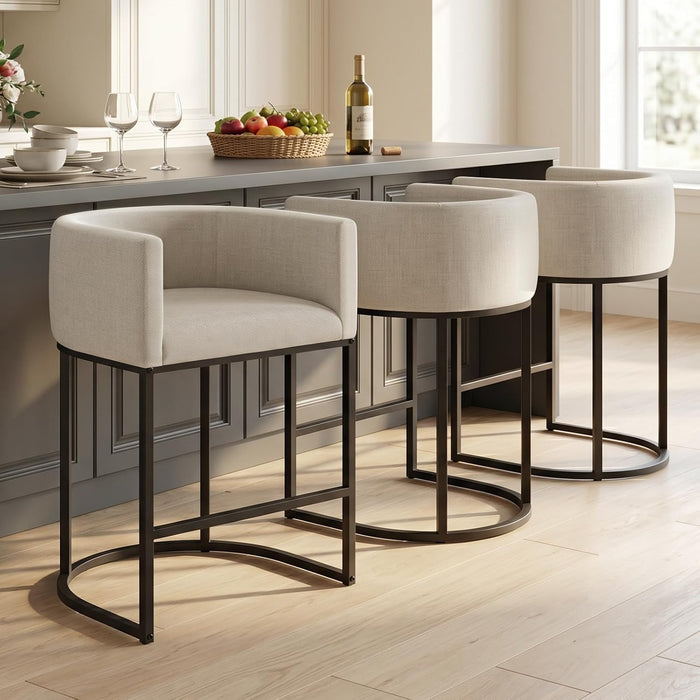Counter Height Bar Stools Set of 3, 24 Inch Seat Height Barstools for Dining Room, Fabric Upholstered Bar Chair for Kitchen Island, Linen Counter Stools with Metal Legs, Beige